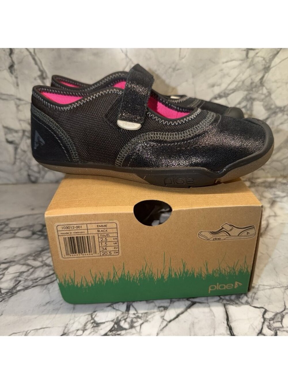 Plae Emme 2.5Y Black Hook And Loop Shoes NEW Girls Uniform School